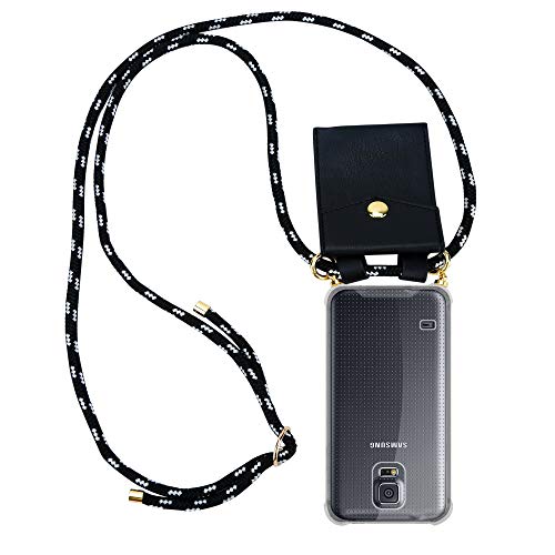 Cadorabo Funda con Cuerda para Samsung Galaxy S5 / S5 Neo en Negro Plata – Cubierta Protección Collar para Colgar di TPU Silicona Transparente con Anillos OROS, Cordon y Estuche Removible