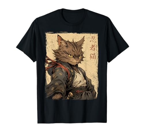 Vintage Japonés Paisaje Samurai Gato Kanji Camiseta