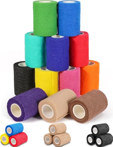 AZEN 12 Pack Self Adhesive Bandage Wrap 3 X 5 Yards Elastic Cohesive Bandage Wrap Vet Wrap Ankle Tape Tattoo Grip Tape Wrap Color Athletic Tape