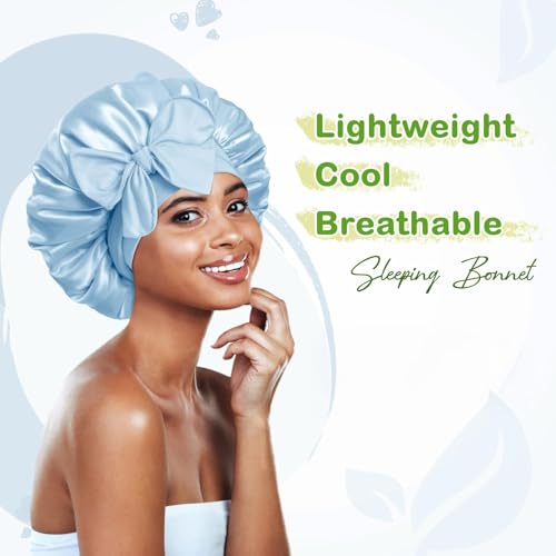 Image of BONNET QUEEN Silk Satin Bonnet for Sleeping Women Adjustable for Curly Hair Tie Band Night Sleep Hat Cap Loc Soft Elastic M Azul
