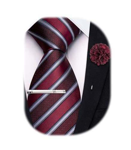 Image of Hi-Tie 63 inches Striped Paisley Extra Long Ties for Men Silk Necktie with Lapel Pin Tie Clip Big and Tall Men Formal Wedding