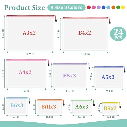 Image of 24pcs Mesh Waterproof Pouch Bags, 9 Sizes Clear Pouches, Organizer Bags with Zipper, 8 Colors for Travel & Toy Storage