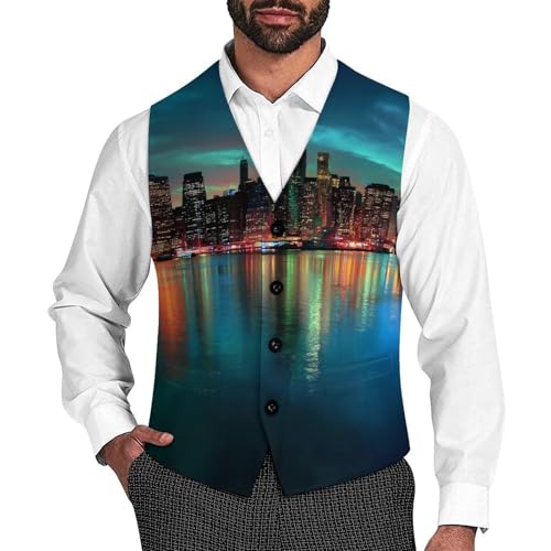 New York City Manhattan Skyline at Night Men's Suit Vest Slim Fit Business Dress Party Pattern Waistcoat Vest Top