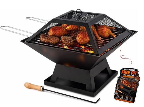 Evokk Square Fire Pit with BBQ Grill Heater Outdoor Garden Black Barbeque Metal Brazier Patio Decor Firepit Stove Portable Heat Mesh Cover for Camping or Picnics
