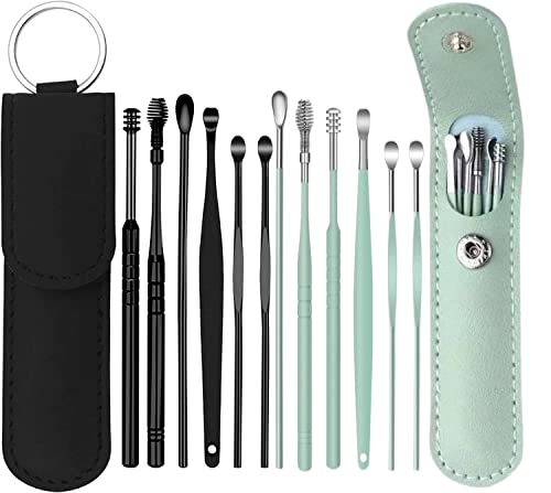 12 Pcs Ear Pick Earwax Removal Kit, Ear Cleaning Tool, Stainless Steel Earwax Removal Tool with Leather Storage Box (Black&Green)