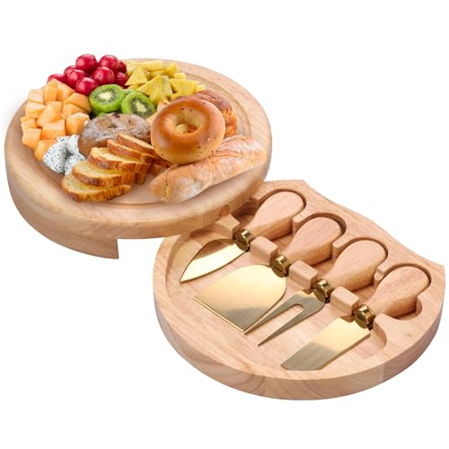 Wood Round Cheese Board, Practical Charcuterie Board with Cheese Cutter and Fork Smooth Cheese Plate Board Round Cheese Serving Tray Elegant Cheese Serving Platter for Women and Cheese Lovers (Gold)