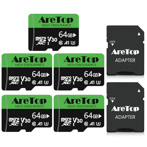 AreTop Carte Micro SD 64Go, Carte SD Lot de 5, SDXC, U3, V30, C10, UHS-I, Carte Mémoire avec Adaptateur pour Tablette/Drone/Dash...