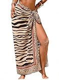 Herseas Women's Bathing Suit Cover Up High Slit Chiffon Wraps One Size Swimsuit Coverups 2026 Summer Tropical Animal Stripe Pattern Sheer Sarong Chic Flattering Resort Outfits Teen Girls