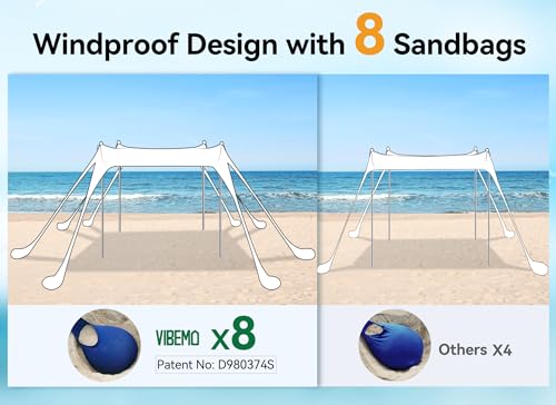 Image of Vibemo Beach Tent, Beach Canopy Sun Shade with UPF50+ UV Protection, 10x10ft, Includes 8 Sandbags, Sand Shovel, Ground Pegs & 4 Stability Poles, Pop Up Sun Shelter for Camping, Picnics, Backyard Fun