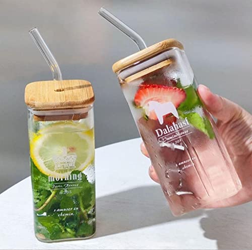 Image of ANKUL Glass Tumbler with Straw and Bamboo Lid 400ml, Glass Mason, Clear Coffee Mugs for Straw and Direct Drinking Mouth Dual Use, Travel Sipper Bottle (1, Square)