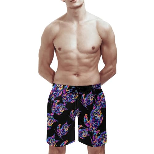 Neon-Colored Maine Coon Cat Portrait Men's Swim Trunks Quick Dry Beach Shorts Board Shorts Bathing Suits with Pockets2