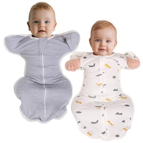 Image of WODHOY Swaddle Up Transition Bag 0-3 Months, 2-Pack Baby Sleep Swaddle 0-3 Months with 2 Way Zipper, 100% Cotton Arms Up for Newborns, Arms Out Swaddle, 0.5 Tog Baby Swaddle Sleep Sack 0-3 months