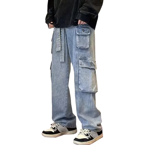 Jeans for Men Plus Size Straight Cargo Wide Leg Relaxed Fit Denim Pants Baggy Casual Streetwear Jean Trousers (Blue,Medium)