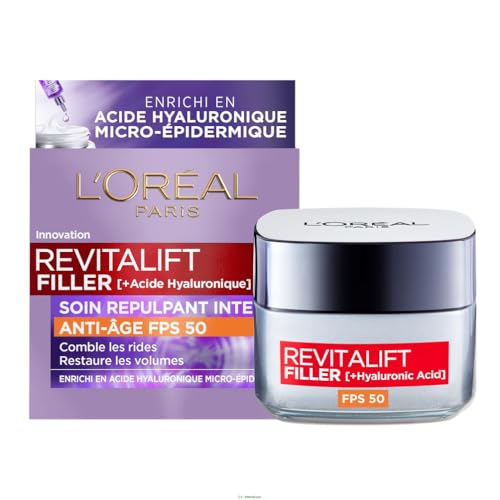 L’Oréal Paris - Soin Repulpant Intense Anti-âge FPS 50 - Crème de Jour à l’Acide Hyaluronique avec Protection UV - Rides & Ridules - Pour Tous Types de...