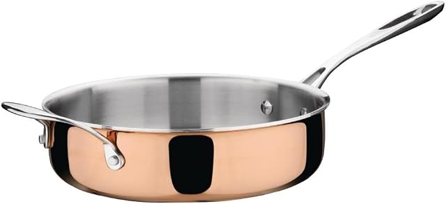 Vogue Tri Wall Copper Sauté Pan 24 cm, Copper & Stainless Steel, All Heat Source Compatible, Induction Compatible, Mirror Polished Copper Frying Pan, CM676