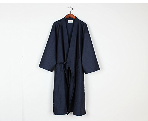 Women Men Kimono Robe Bathrobe Cotton Sleepwear Dressing Gown Loose Loungewear Dark Blue