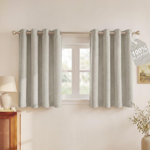 Image of NICETOWN Linen 100% Blackout 48 inch Curtains for Bedroom, Grommet White Liner Composite Window Treatments Sound Dampening Thermal Drapes Home Decor for Cafe, Beige, 2 Panels, W52 x L48