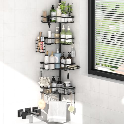 DTUQYX Shower Caddy Corner Tension Pole - Adjustable 43.5-120 Inch Rod Bathroom Organizer Storage Shelf No-Drill Rustproof 4-Tier Shower Corner Shelves with Towel Rack Toothbrush Holder & Soap Dish