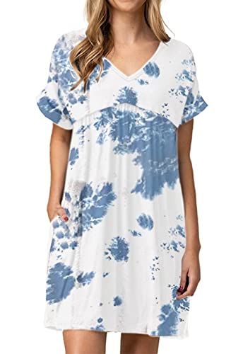 Image of Jayscreate Women's Baby Doll Dress Summer Casual Tunic Pleated Flowy Swing Short Sleeve Black V Neck Mini Dress