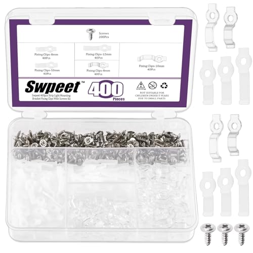 Image of Swpeet 400Pcs 8mm /10mm /12mm White and Clear LED Strip Light Mounting Brackets with Screws Assortment Kit, One-Side Fixing Clips Mounting Clips Clamps