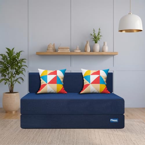 Image of Starlon 2 Seater Foldable Sofa Cum Bed 3-in-1 with 2 Geometrical Pattern Pillows, Washable Jute Fabric Cover, Space Saving Guest Bed, Pre-Assembled Royal Navy Blue 4x6 Ft