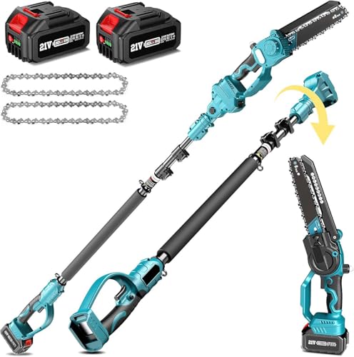 Elagueuse sur Perche sans Fil 21V, Tronçonneuse à Batterie 8 Pouces 4000 mAh avec 2 Batteries, Moteur Brushless, Perche Élagueuse Électrique 2 en 1, Extension jusqu'à 4,8 m, pour Branches et Jardin