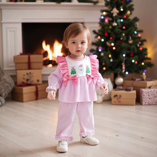 Infant Toddler Baby Girl Christmas Outfit Smocked Long Sleeve Ruffle Shirt Top and Pants Set Fall Winter Clothes3