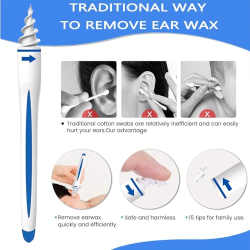 Ohrenschmalz Entferner, Q-grips Ohrenreiniger, Sicheres und Weiches 360 Grad Spirale Silikon Ear Cleaning kit mit 16 abwaschbaren Ersatzköpfen, Geeignet für Kinder und Menschen