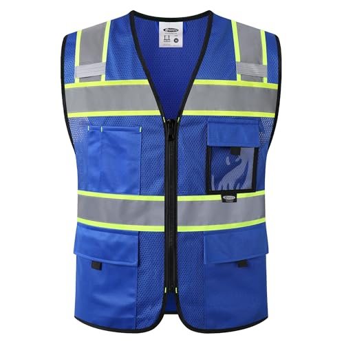JKSafety Safety Vest for Men Women Hi Vis Relfective Vest with Pockets High Visibility Meet ANSI Standard Blue Color with Extended Yellow Strips (BX331-Blue XL)