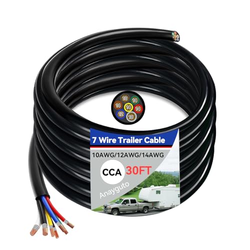 Anayguto 30 FT Heavy Duty 7 Wire Trailer Cable CCA 14/12/10 AWG Multi Gauge Insulated Stranded Copper Clad Aluminum 7 Way Trailer Wire for RV Camper Truck - 30 FT Roll