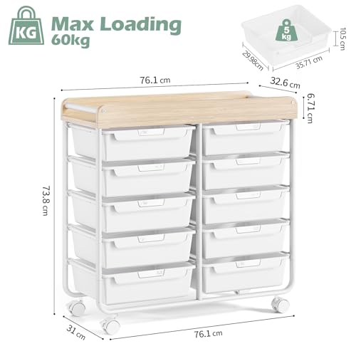 KINGRACK Rollcontainer mit 10 Schubladen, Rollwagen mit Schubladen für Bastelbedarf, Kunstmaterialien, Home Offices und Klassenzimmer (Weiß)