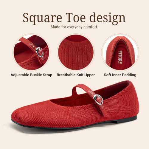 Image of FITORY Flats for Women, Mary Jane Ballet Square Toe Knit Ankle Strap Shoes | Memory Foam, Comfortable, Foldable, Washable, Office, Dressy, Casual, Daily, Walking