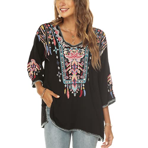 LauraKlein Women Mexican Embroidered Shirt for Women Bohemian Style Top Blouse 3/4 Sleeve Summer Casual Tunics2