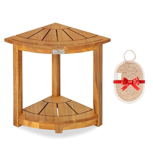 VICTORY RELAX Acacia Wood Corner Shower Stool - Waterproof Triangular Bathroom Bench with Storage Shelf & Soap Dish for Shaving, Natural Wood (17.9x12.7x16.5)