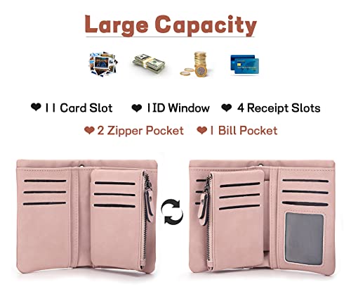 Purses for Women PU Leather Bifold Wallet with 12 Card Slots and Zipper Pocket Compact Card Holder Organize for Ladies Girl Pink - Image 3