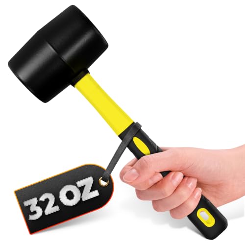Image of Rubber Mallet Hammer 32 Oz, Yellow, Soft Face Non-Marring Head | Soft Non-Marring Rubber Head, Ergonomic Non-Slip Handle; Flooring, Decking, Paver and Tent Stake Work; Anti-Vibration Grip