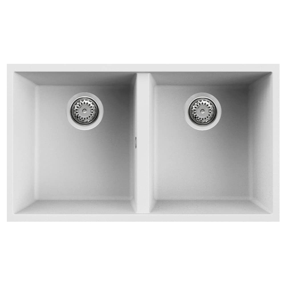 Elleci LKQ35096BSO Kitchen Sink Made of Granite (Keratek) with a Double Bowl Quadra 350 (Suspended Mount) -K96 White-LKQ35096BSO, White