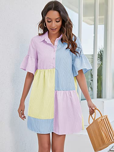 Floerns Women's Color Block Printed Short Sleeve Button Front Striped Shift Dress3