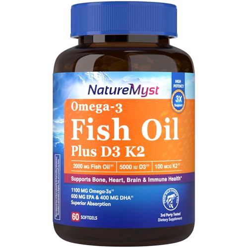NatureMyst Omega-3 Fish Oil 2000 mg Vitamin D3 K2 (MK-7) 1100 mg Omega-3 Supplements for Women & Men 600 mg EPA 400 mg DHA Bone Heart Brain & Immune Health 60 Softgels
