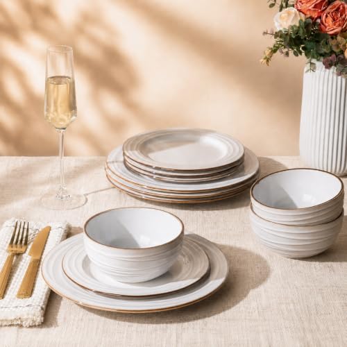 Image of GBHOME Ceramic Dinnerware Sets,12 pcs Embossed Elegant Stoneware Plates and Bowls Sets, Housewarming Wedding Gift | Dishwasher & Microwave Safe | Dishes Set Service for 4