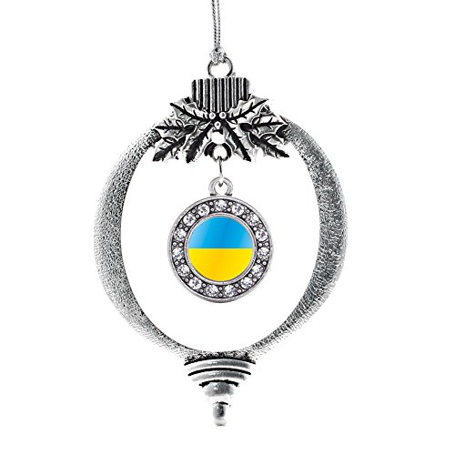 Inspired Silver - Ukraine Flag - Silver Christmas Ornament - Circle Charm Christmas Tree Ornament with Cubic Zirconia - Holiday Hanging Decoration