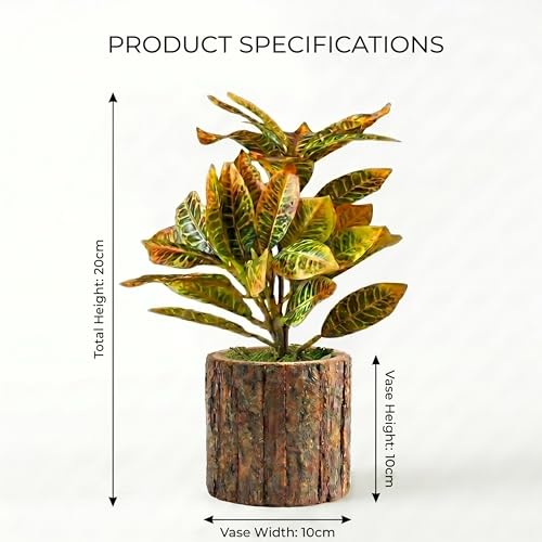 Image of Dekorly Artificial Croton Plant with Real Wooden Vase (20CM Overall Height) | Decorative Lifelike Faux Floral Plant in Rustic Tree Log Pot for Living Room