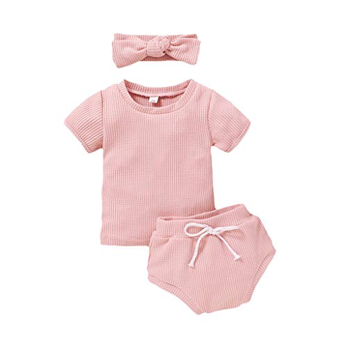 Toddler Baby Girls Short Sleeve Solid Tops+Shorts Headbands Outfits Set 0-3 Years Pink
