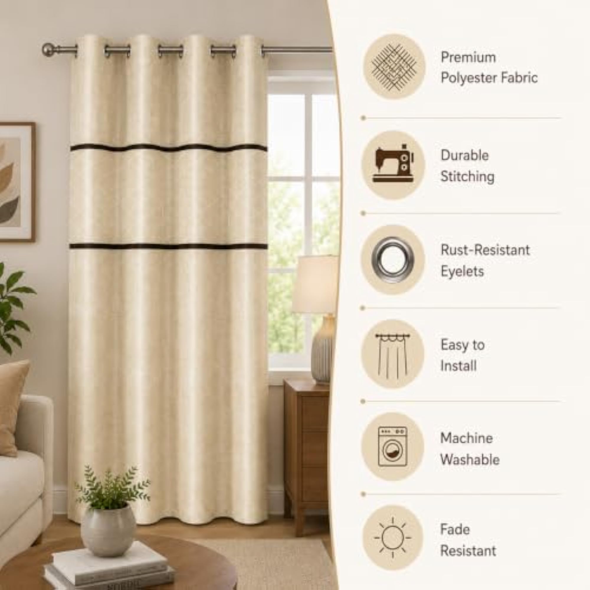 Cream Geometric Eyelet Door Curtain, Set of 2, Modern Design