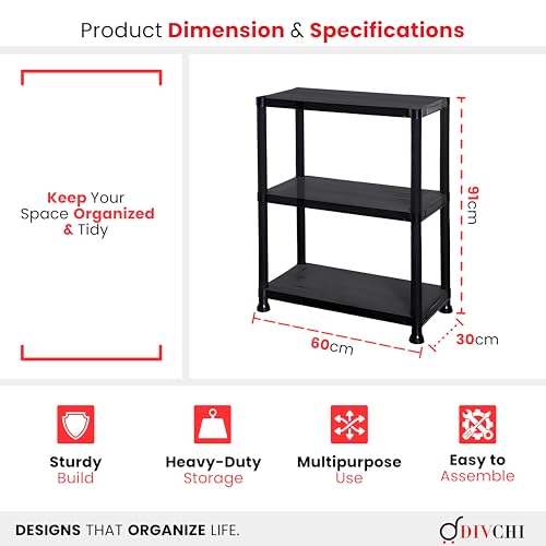 DIVCHI 3 Tier Plastic Storage Shelving Unit | Heavy Duty Shelf Rack for Home, Garage, Office & Utility Room | Shelf Rack (Black) - Image 3