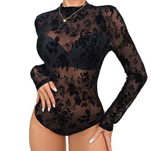 Body transparent noir en dentelle florale idéal pour sortir en club et rave