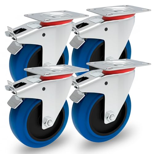 PRIOstahl Transportrollen 100mm Set Lenkrollen mit Bremse 4 Stück Blau...