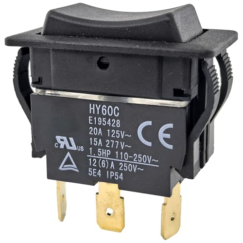 HY60C 3-Pin Rocker Switch 20A 125V 15A 277V Heavy-Duty (1-Pack) ON-Off-ON Latching Toggle Switch, Compatible with Kedu HY60C for Table Saws, Power Tools, Motors and Industrial Equipment Replacement
