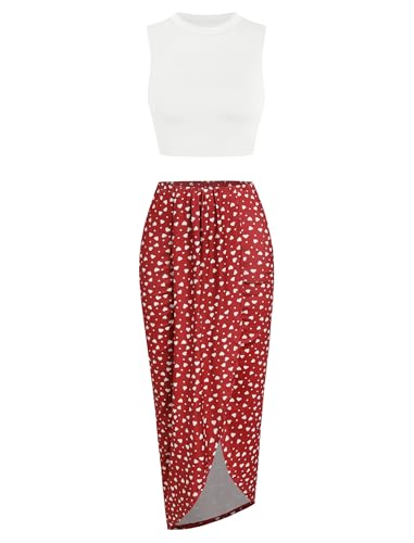 Image of ZAFUL Women's Casual Sleeveless Summer Two Piece Outfits Crop Top and Side Split Draped Ruched Maxi Skirt Set Solid Suiting