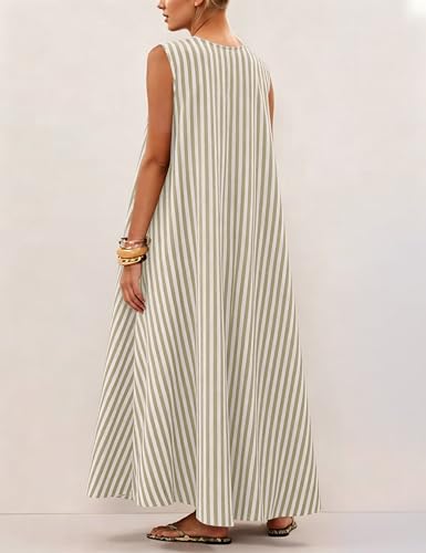 Image of Women Sleeveless Ruched Maxi Dress Scoop Neck Long Elegant Dresses Wide Shoulder Strap Blouse Dress with Side Pockets
